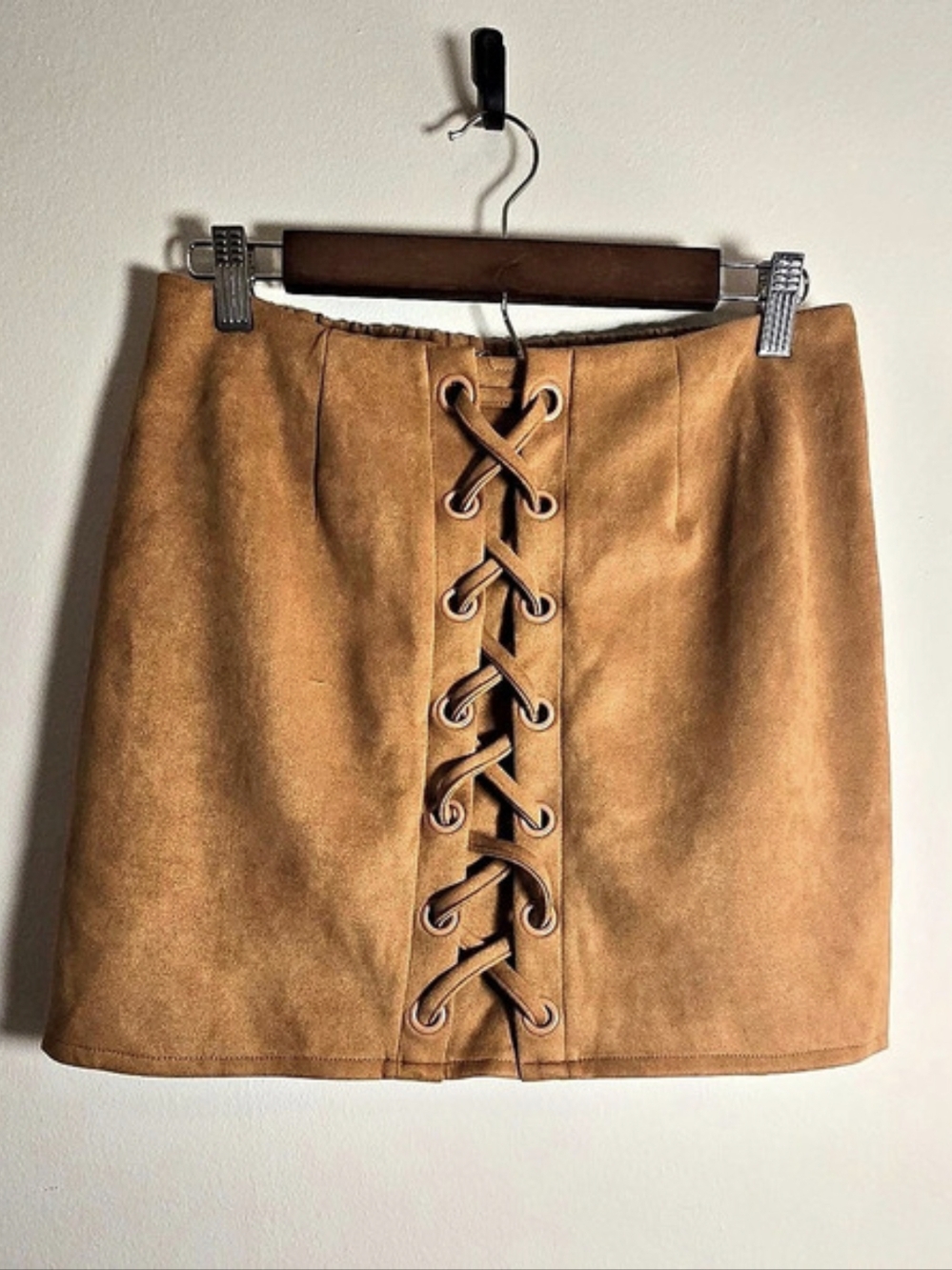 Shinestar Tan Faux Suede Lace Up Mini Skirt XL